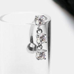14 Karat White Gold Brilliant Triple Dangle Sparkle Top-Down Reverse Belly Ring